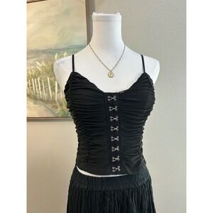 Black Ruched Mesh Hook and Eye Corset Style Camisole Y2K Grunge Top‎ XS